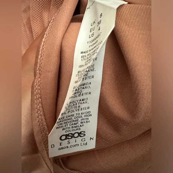 ASOS Design Tiered Satin Mesh Mini Dress Size 4 Dusty Pink Long Sheer Sleeve NWT - Picture 6 of 6